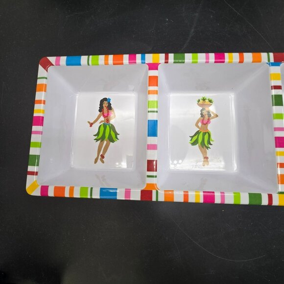 Hula Girl Divided Serving Tray Colorful Striped Border Heavy Melamine DH1367 - Picture 4 of 9